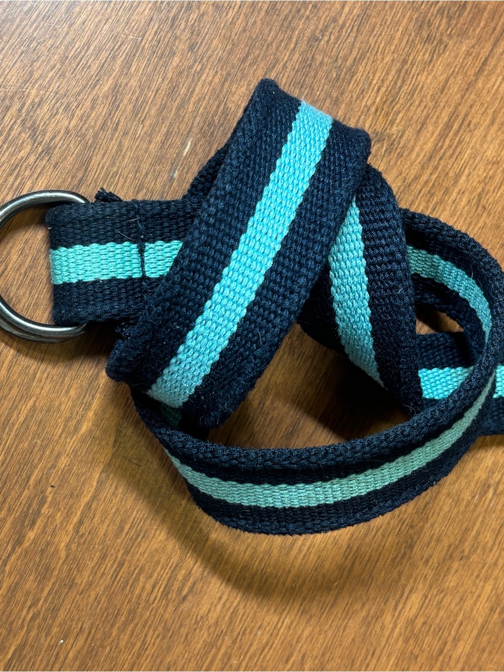 Men's Black & Teal Striped Webbing D-Ring Belt